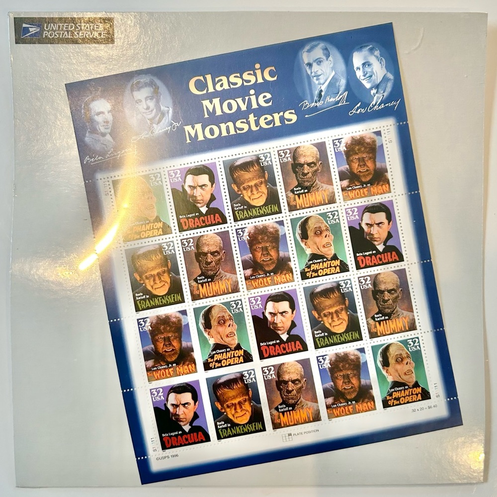 Classic Movie Monsters Stamp Sheet 1997 Frankenstein Mummy Dracula SEALED